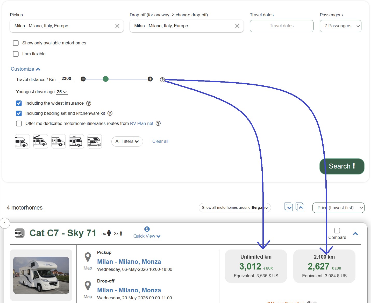 motorhome rentals in Europe PRICES Example
